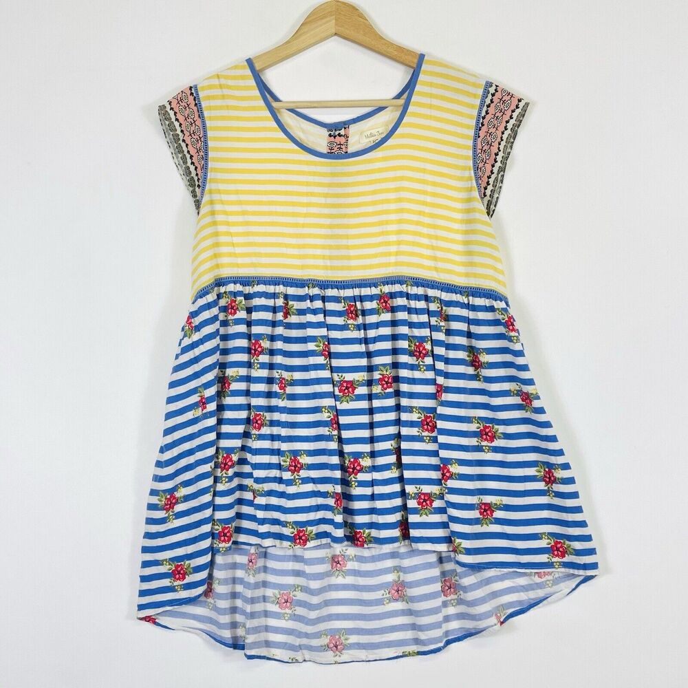 Matilda Jane Yellow Blue Floral Stripe Babydoll Rayon Shirt Top Women's Large